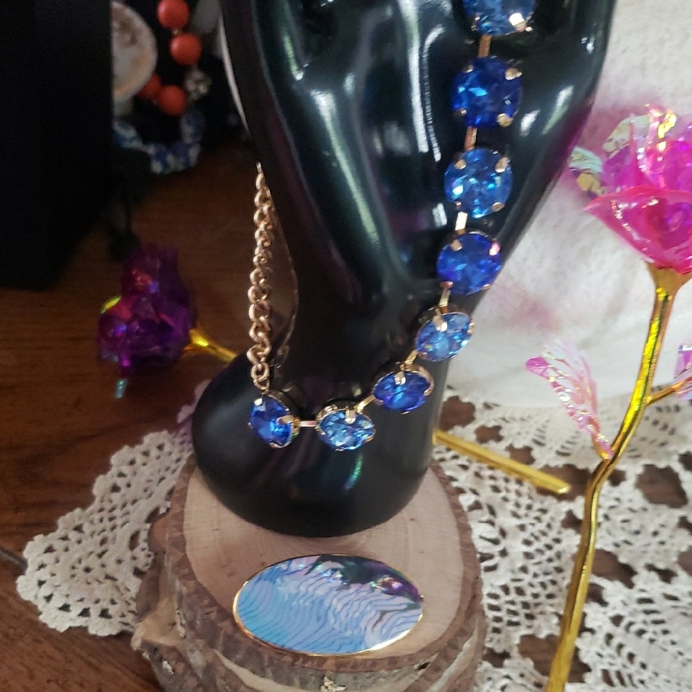 Elegant Blue and Gold Stunning Necklace & Vintage Mosaic Brooch